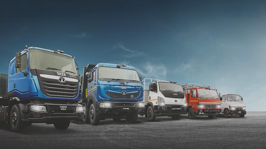 Tata commercial truck fleet lined up, from Prima to LPT
